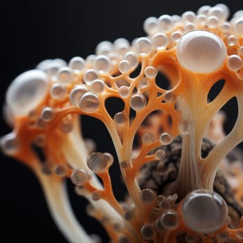 A close up of a mushroom with bubbles on it