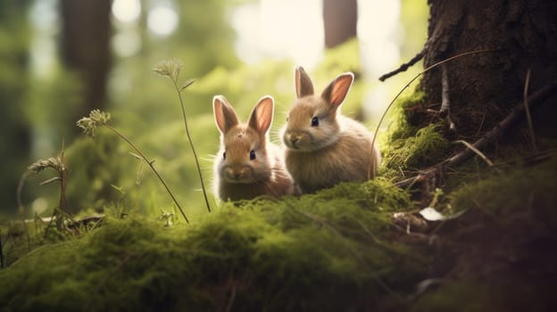 Two rabbits sitting on the ground in the woods