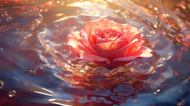 A rose is floating in water with bubbles