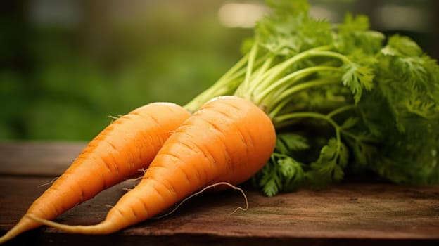Two carrots on a wooden table with green leaves