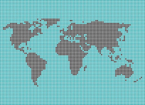 World map of blue and black pixels