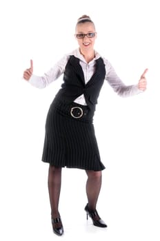 Young woman with blond hair and glasses in a business suit (tax consultant,manager,secretary) against a white background