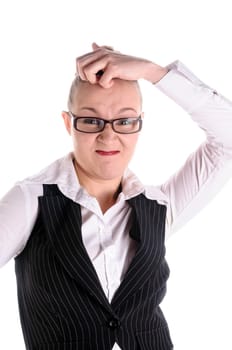 Young woman with blond hair and glasses in a business suit (tax consultant,manager,secretary) against a white background