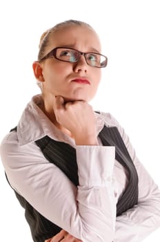 Young woman with blond hair and glasses in a business suit (tax consultant,manager,secretary) against a white background
