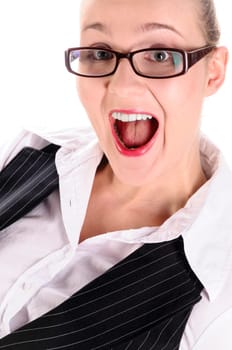 Young woman with blond hair in a pinstriped business suit (tax consultant,manager,secretary) stands in front of a white background and works joyfully with a large calculator.