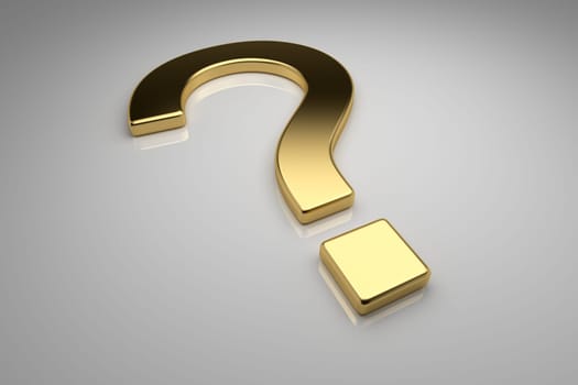 Gold question mark on gray background, 3d render