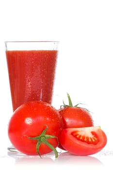 Tomato juice and ripe tomatoes on white background
