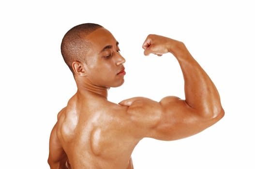 A very muscular young Jamaican bodybuilder showing his big biceps.and looking at them, for white background..