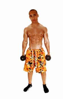 A young Jamaican bodybuilder standing in a colorful short for white.background holding two dumbbell, ready for exercise..