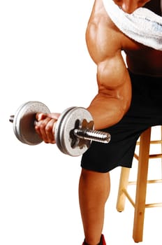 A closeup picture of a bodybuilder exercising his biceps with 10 kg dumbbells.sitting on a chair for white background..
