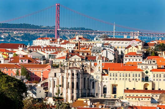 Bird view of central Lisbon with colorful houses and orange roofs