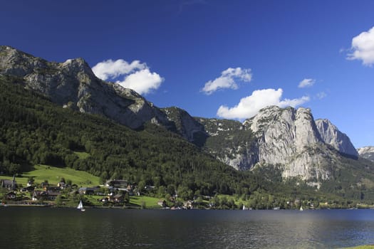 Austria panorama of the lake ,mountains and blue sky