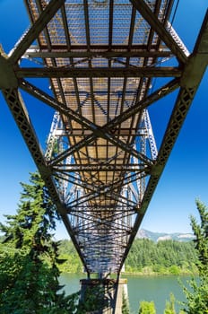 View from below the Bridge of the Gods running over the Columbia River and connecting Oregon to Washington