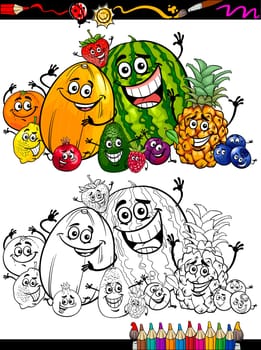 Coloring Book or Page Cartoon Illustration of Funny Fruits Comic Food Characters Group for Children Education