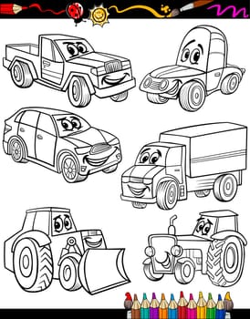 Coloring Book or Page Cartoon Illustration of Black and White Cars or Trucks Vehicles and Machines Comic Characters Set for Children Education