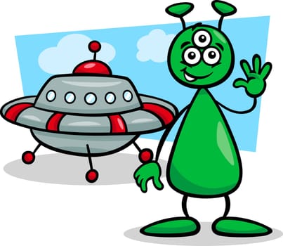 Cartoon Illustration of Funny Alien or Martian Comic Character with Ufo or Spaceship