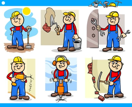 Cartoon Illustration of Funny Manual Workers or Workmen at Work Characters Set
