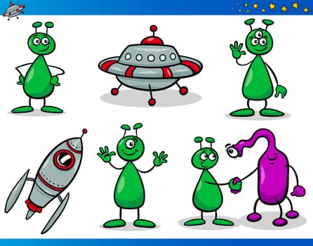 Cartoon Illustrations Set of Fantasy Aliens or Martians Comic Mascot Characters