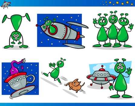 Cartoon Illustrations Set of Fantasy Aliens or Martians Comic Mascot Characters