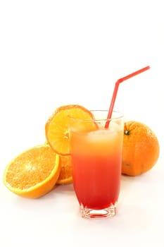 a glass of Campari orange and ice cubes