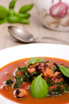 Braised octopus in tomato sauce with green basil