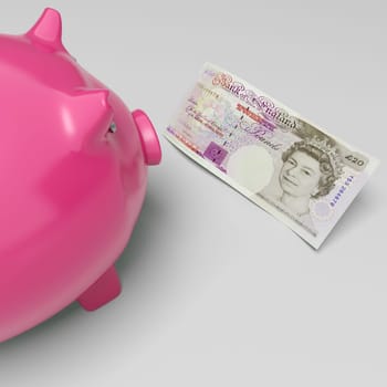 Twenty Pound Note Piggy Showing UK Money