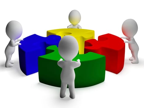 Puzzle Solved And 3d Characters Shows Unity And Cooperation