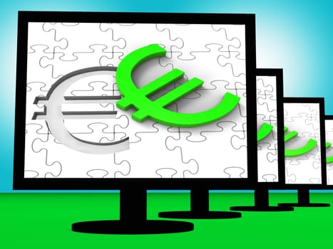 Euro Symbol On Monitors Showing European Wealth And Finances