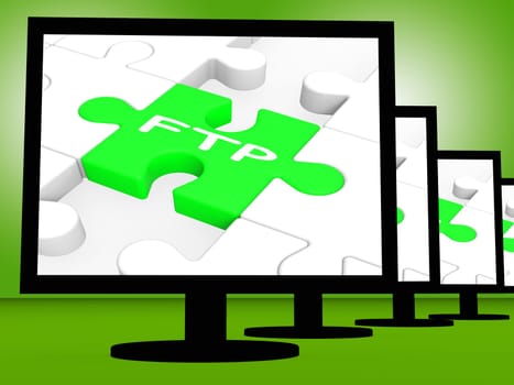 FTP On Monitors Showing Files Transfer Or Transmission Protocol