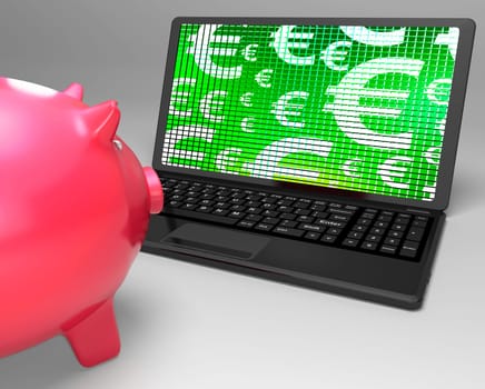 Euro Symbols On Laptop Showing European Finances And Wealth