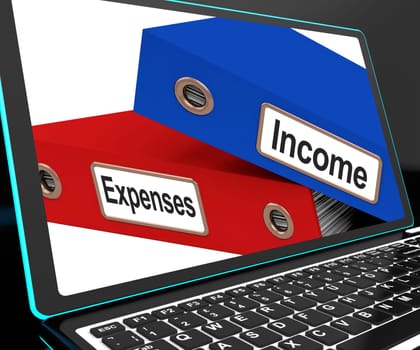 Income And Expenses Files On Laptop Shows Budgeting And Balance