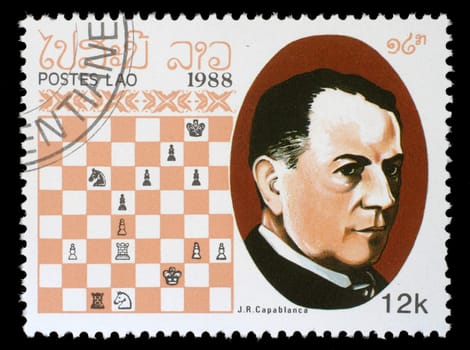 LAOS - CIRCA 1988: A stamp printed in Laos, shows J.R.Capablanca, Chess Champion, circa 1988