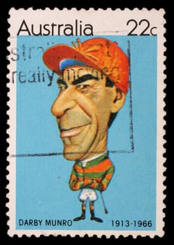 AUSTRALIA - CIRCA 1981: A stamp printed in Australia shows Australian sportsmen (Caricatures by Tony Rafty): Jockey Darby Munro (1913-1966), circa 1981
