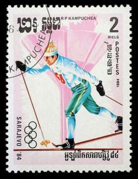 KAMPUCHEA-CIRCA 1984: A stamp printed in the Kampuchea, is dedicated to Winter Olympic Games in Sarajevo, circa 1984