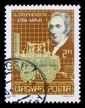 HUNGARY - CIRCA 1981: stamp printed by Hungary, shows George Stephenson and his steam locomotive, circa 1981