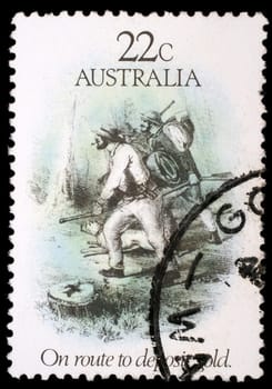 AUSTRALIA - CIRCA 1981: A stamp printed in Australia dedicated to the gold rush era, shows on route to deposit gold, circa 1981