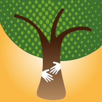 Eco friendly hands hug concept green tree. Vector file layered for easy manipulation and custom coloring.