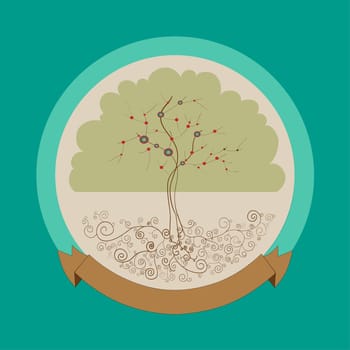 Colorful curly tree label over white background. Vector file layered for easy manipulation and custom coloring.