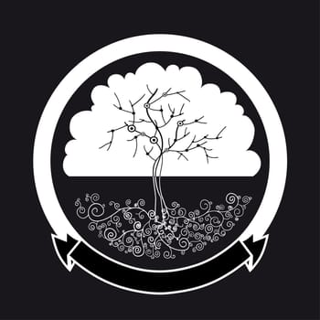 Abstract white tree silhouette label background. Vector file layered for easy manipulation and custom coloring.