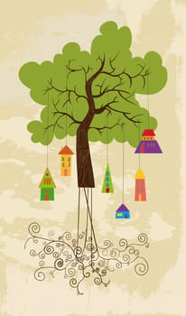 Color tree family bird house with curly roots over grunge background. Vector file layered for easy manipulation and custom coloring.