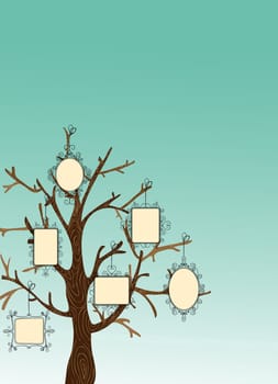 Family concept tree with hanging photo frames leaves. Vector file layered for easy manipulation and custom coloring.