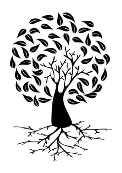Tree with long roots and circle foliage silhouette. Vector file layered for easy manipulation and custom coloring.