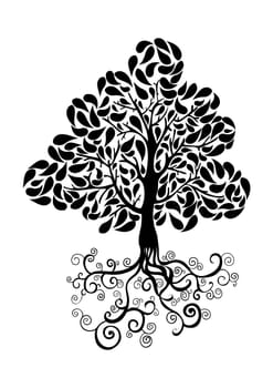 Bug tree icon with curly roots and leaves silhouette. Vector file layered for easy manipulation and custom coloring.