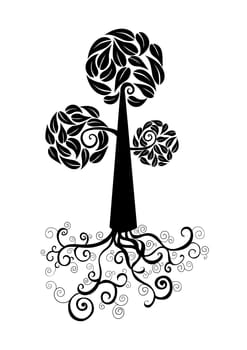 Curly tree with roots and leaves circle shape. Vector file layered for easy manipulation and custom coloring.