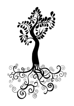 Curly tree with roots and foliage silhouette. Vector file layered for easy manipulation and custom coloring.