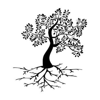 Black tree icon and roots silhouette isolated background. Vector file layered for easy manipulation and custom coloring.