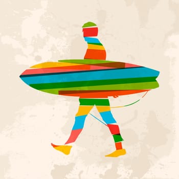 Diversity colors transparent bands surfer with surfboard over grunge background. EPS10 file version. This illustration contains transparency and is layered for easy manipulation and custom coloring.