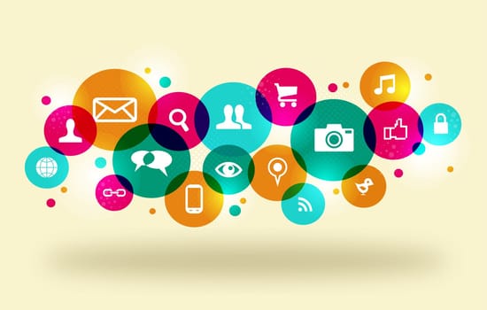Social media icons set in colorful circle layout. EPS10 file version. This illustration contains transparencies and is layered for easy manipulation and custom coloring.