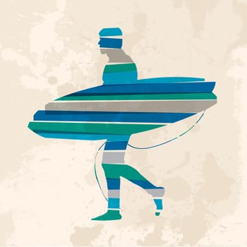 Diversity colors transparent bands surfer with surfboard over grunge background. EPS10 file version. This illustration contains transparency and is layered for easy manipulation and custom coloring.