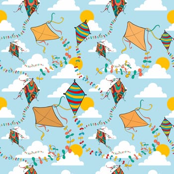 Vibrant colors spring flying kite seamless pattern. Vector file layered for easy manipulation and custom coloring.